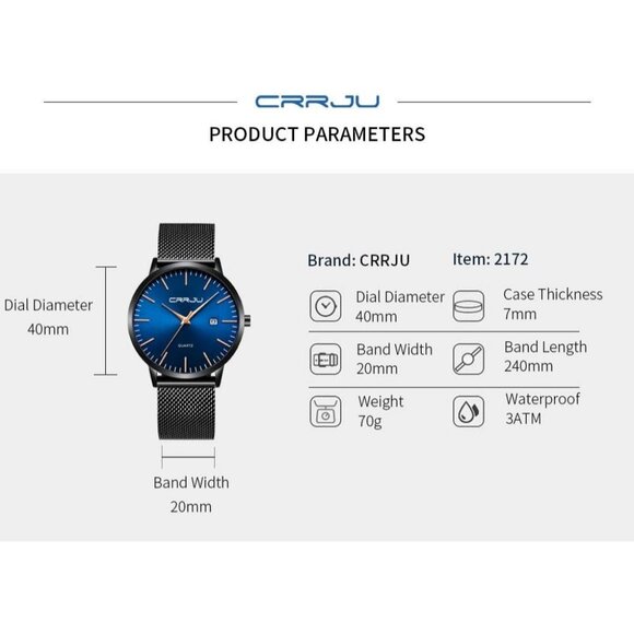 Men's Black Blue Gold  Minimal Casual Waterproof Stainless Steel Mesh Band Watch - Picture 5 of 5